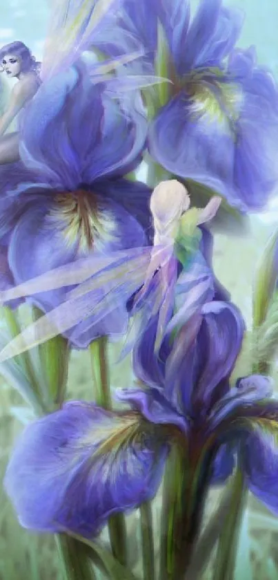 Fairies resting on vibrant iris flowers creating a mystical scene.