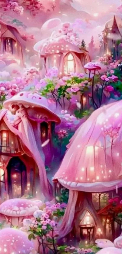 A dreamy fairyland with mushroom houses in soft pink hues.