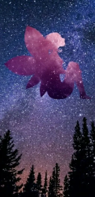 Mystical fairy silhouette against a starry night sky with trees.