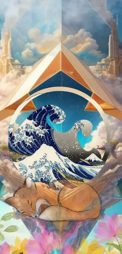 Colorful fantasy landscape with waves, castles, and a fox.