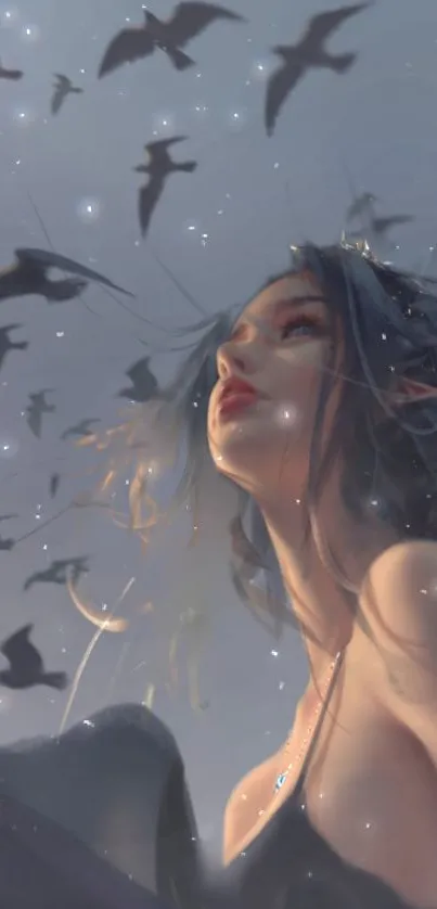 Dreamy fantasy art with mystical character and birds in the sky wallpaper.