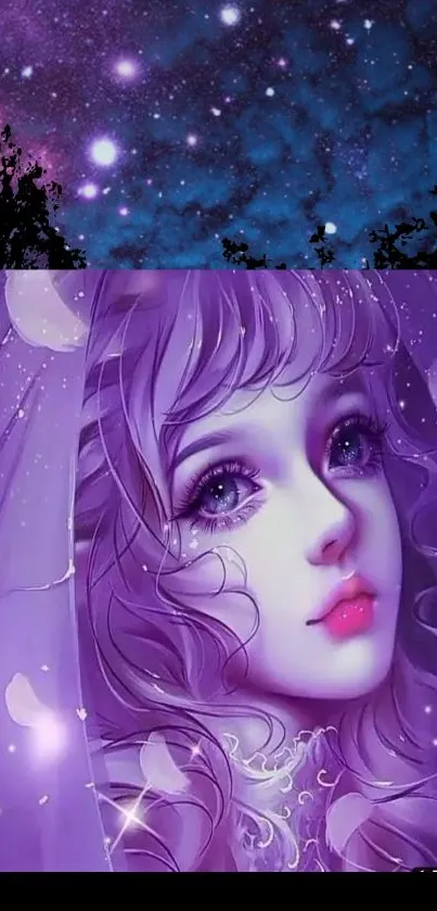 Fantasy art wallpaper with purple hues and starry background.