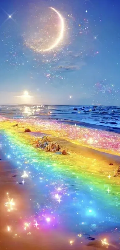 Fantasy beach with rainbow lights and crescent moon.