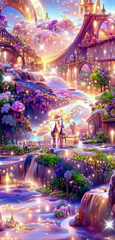 Whimsical fantasy castle landscape with glowing lights and vibrant blooms.