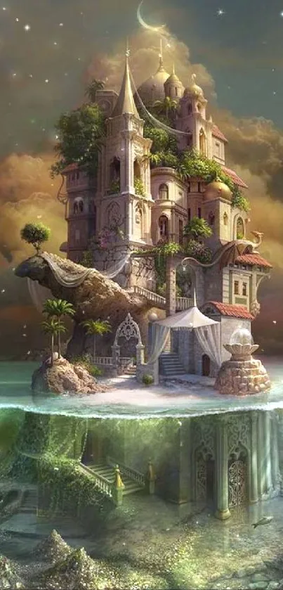 Surreal fantasy castle on a mystical, floating island with rich, vivid details.