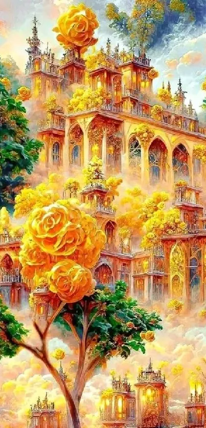 Dreamy castle with golden roses and lush greenery.