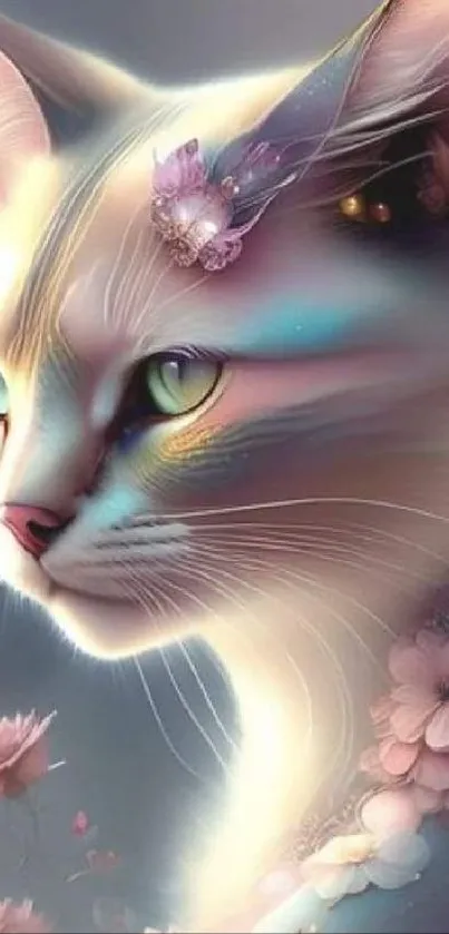 Fantasy cat with flowers in dreamy colors, mobile wallpaper.