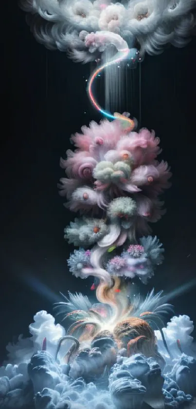 Surreal and vibrant cloudscape art showcasing whimsical fantasy elements.