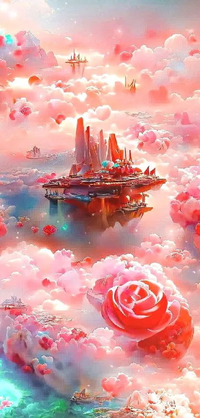 Fantasy wallpaper with pink clouds and roses in a surreal sky.