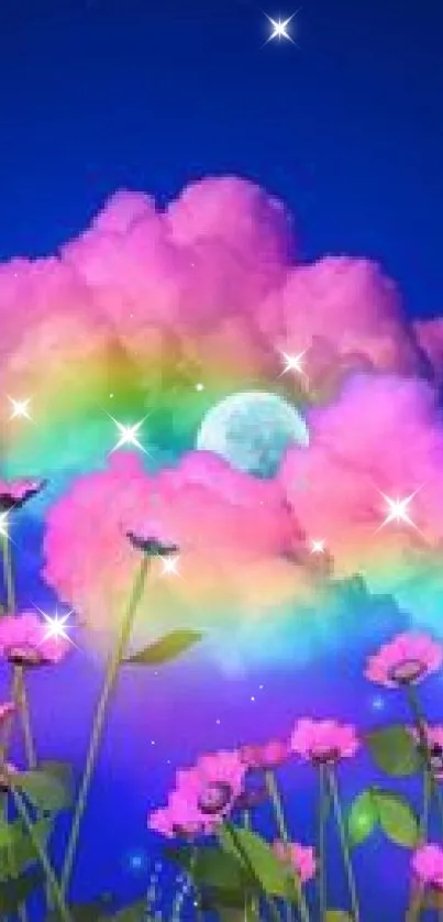 Fantasy wallpaper with pink clouds, colorful flowers, and a full moon in a blue sky.