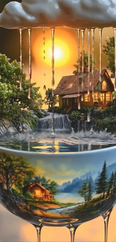 Dreamy fantasy cottage nested in a teacup with a sunset backdrop.