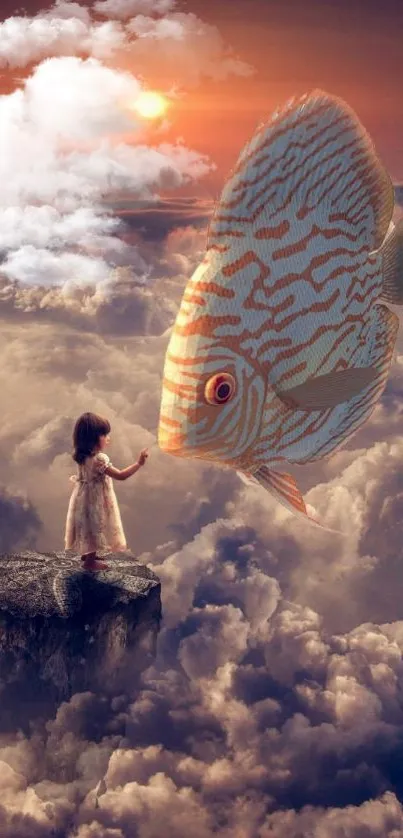 Whimsical fantasy scene with a giant fish and child above clouds.