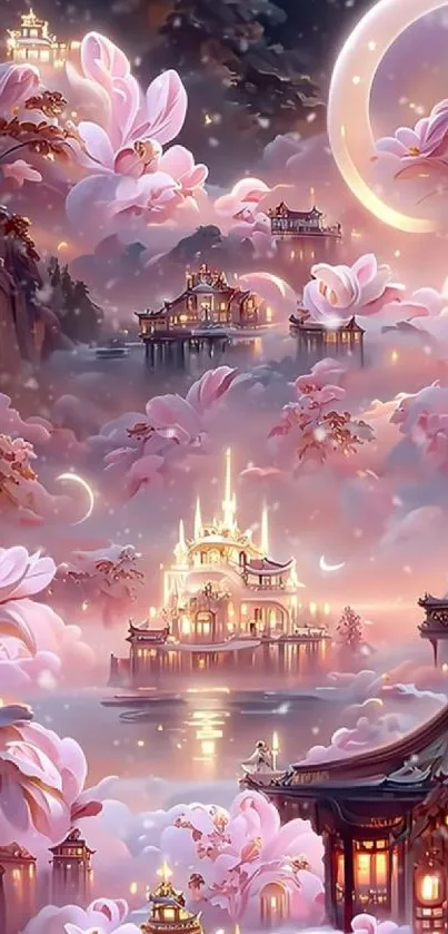 Fantasy landscape with dreamy pink flowers and clouds.