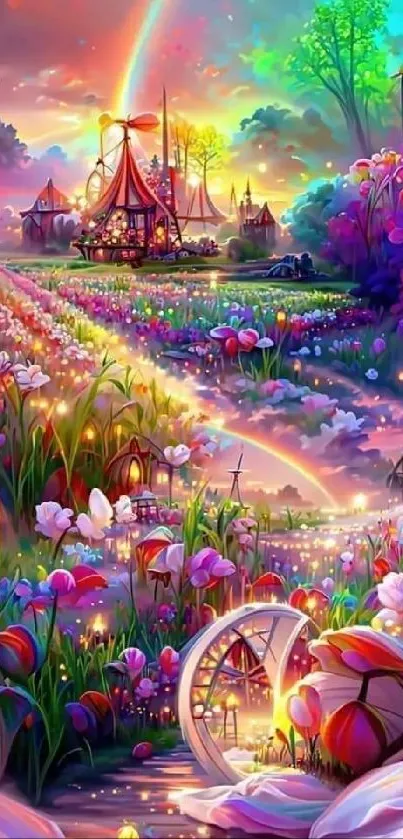 Colorful fantasy garden with vibrant flowers and enchanting lights.