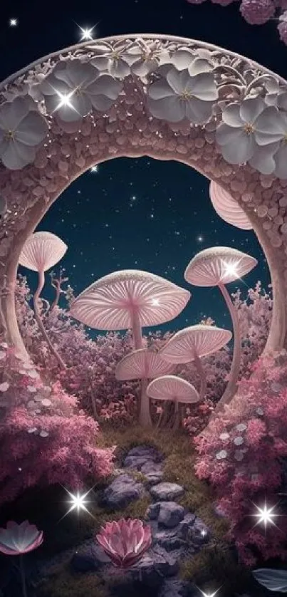 Fantasy garden with pink flowers and mushrooms under a starry night sky.