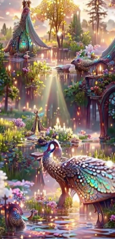 Enchanting fantasy garden with peacocks in glowing sunlight.