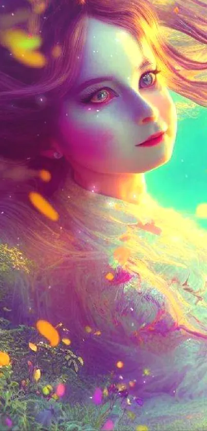 Dreamy fantasy girl with vibrant colors in a whimsical setting.