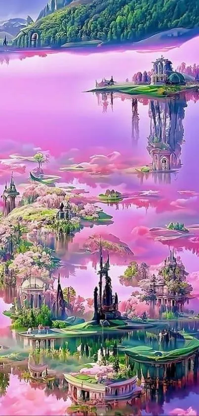 Fantasy islands surrounded by pink clouds and lush greenery.