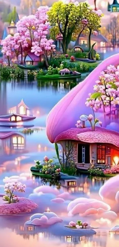 Whimsical fantasy island with pink blossoms and serene water reflections.