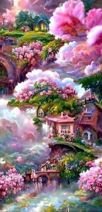 Dreamlike fantasy landscape with pink cherry blossoms and cottages.