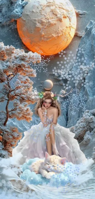 Fantasy landscape with woman and cat under celestial sphere.