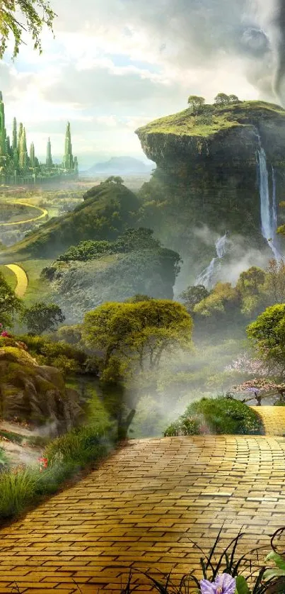 Fantasy landscape with a yellow brick road leading to a mystical city.