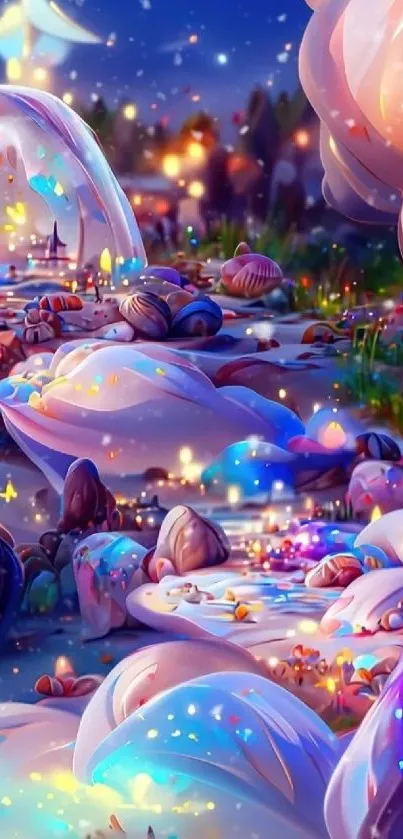 Whimsical fantasy landscape with vibrant colors and glowing accents.