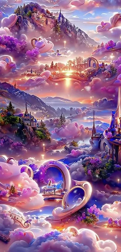 Enchanting fantasy landscape with castles and vibrant purple clouds.