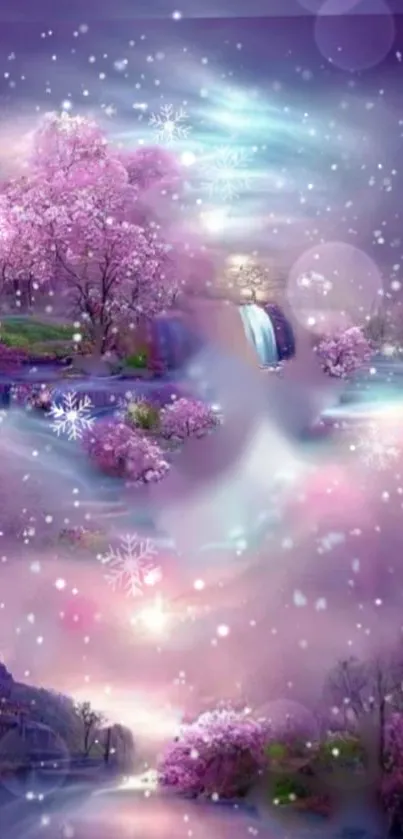 A dreamy landscape with cherry blossoms and a waterfall under a snowy sky.