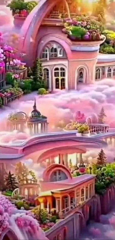 Enchanting fantasy landscape with pink clouds and magical buildings.