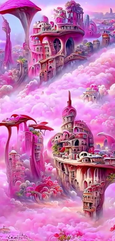 Fantasy pink landscape with floating buildings and clouds.