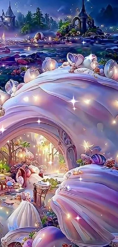 Fantasy shell house with lights amidst magical landscape.