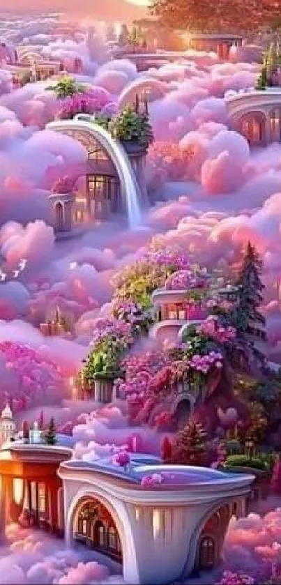 Fantasy landscape with pink clouds and whimsical architecture.