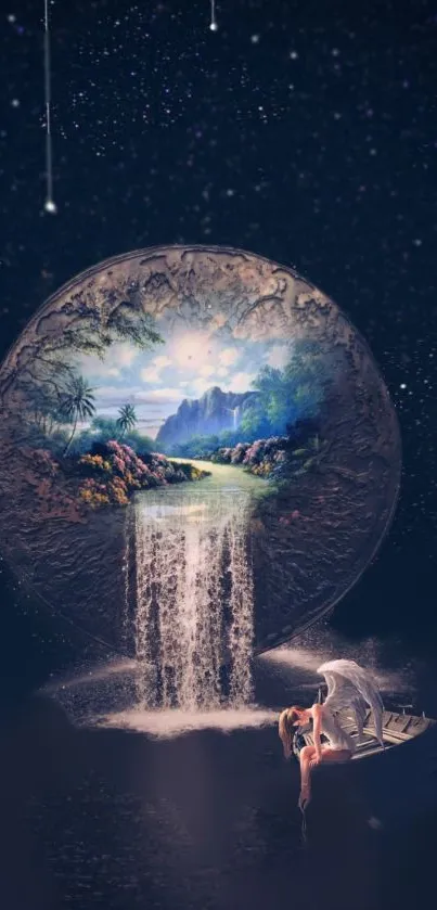 Surreal mobile wallpaper with a dreamlike waterfall and celestial elements.