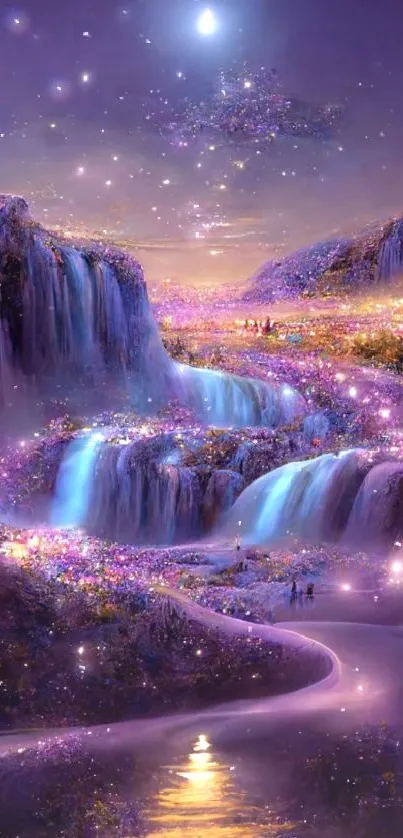 Fantasy waterfall scene with purple hues and stars, creating a magical ambiance.