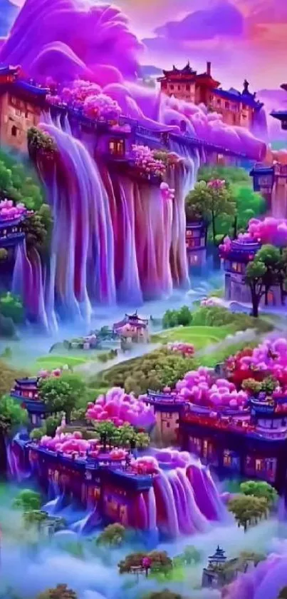 Fantasy landscape with waterfalls, pink and purple hues.