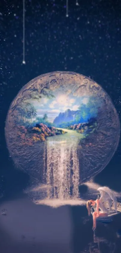 Dreamy fantasy wallpaper with waterfall and cosmic landscape.