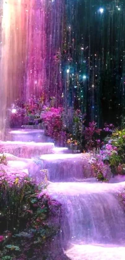 Enchanting fantasy waterfall wallpaper with glittering lights and lush flowers.