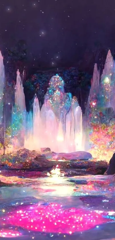 Dreamy fantasy waterfalls with vibrant colorful lights.