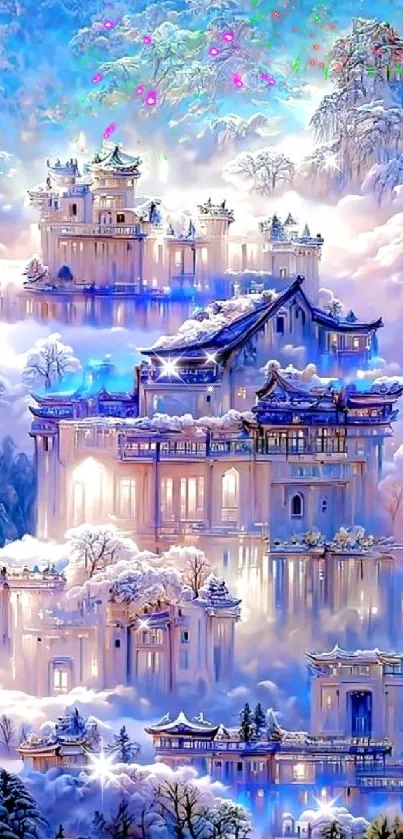 Fantasy landscape with snowy castles and trees under a light blue sky.