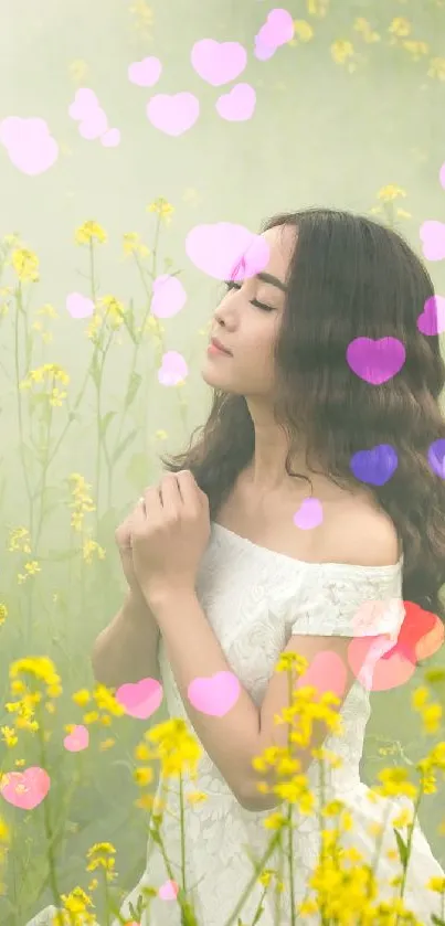 Woman in white dress amidst yellow flowers in a misty field.