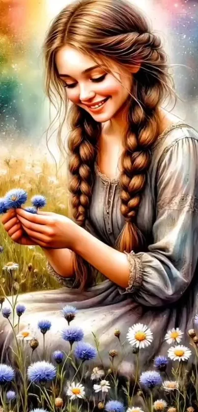 Woman with braids in wildflower field, vibrant mobile wallpaper.