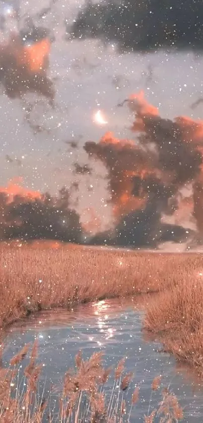 Golden grass field under a starry sky with vibrant clouds.