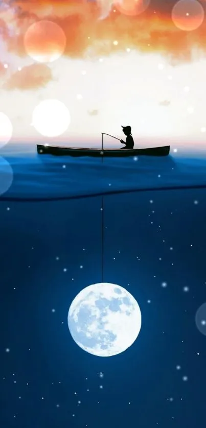 Fisherman in a boat with moon beneath, set against a sunset sky.