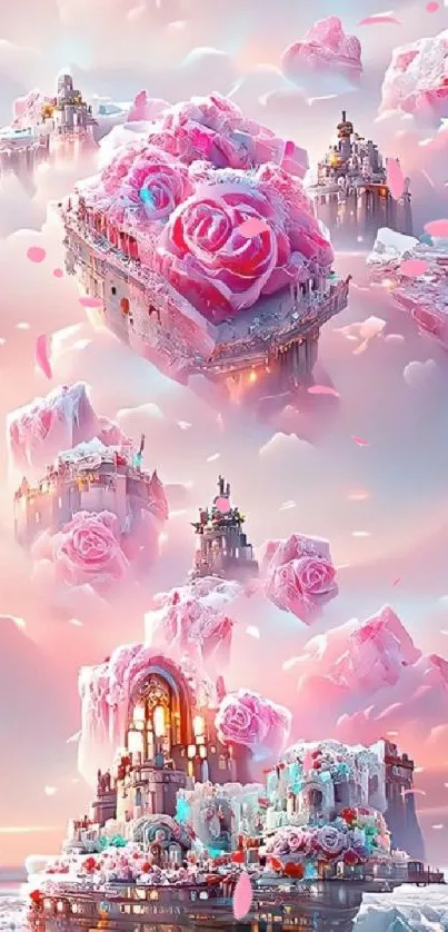 Floating castles in pink clouds fantasy wallpaper.