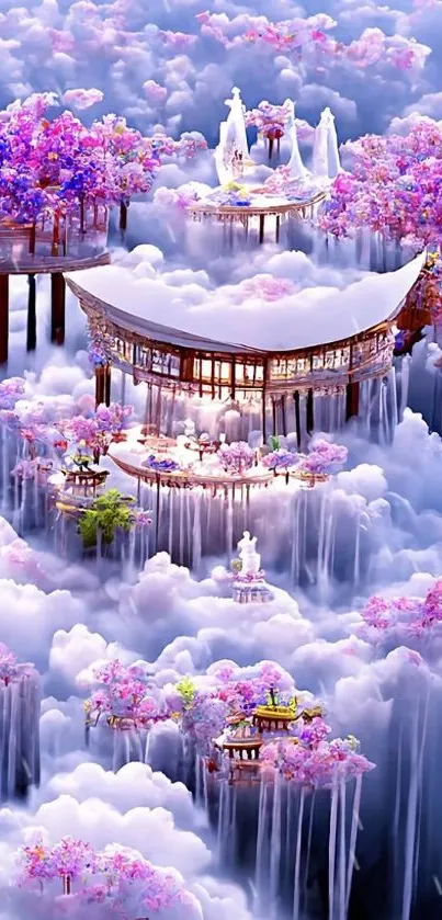 Floating pagodas amidst fluffy clouds and cherry blossoms in a dreamy landscape.