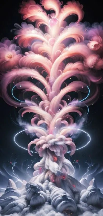 Surreal pink floral explosion above clouds in abstract art style.