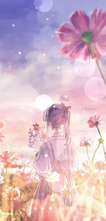 Anime girl in pink flower field under pastel sky.