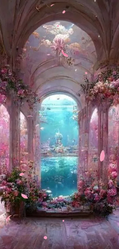 Dreamy floral archway with pink blooms and teal light creating a fantasy garden scene.