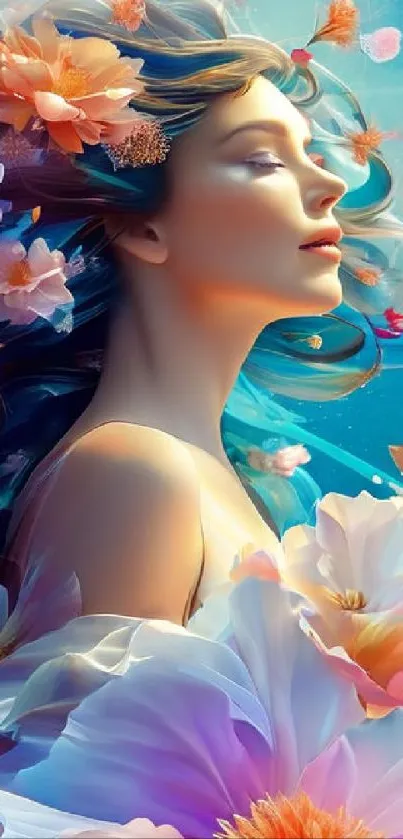 A serene figure surrounded by vibrant flowers in a dreamy, artistic wallpaper design.